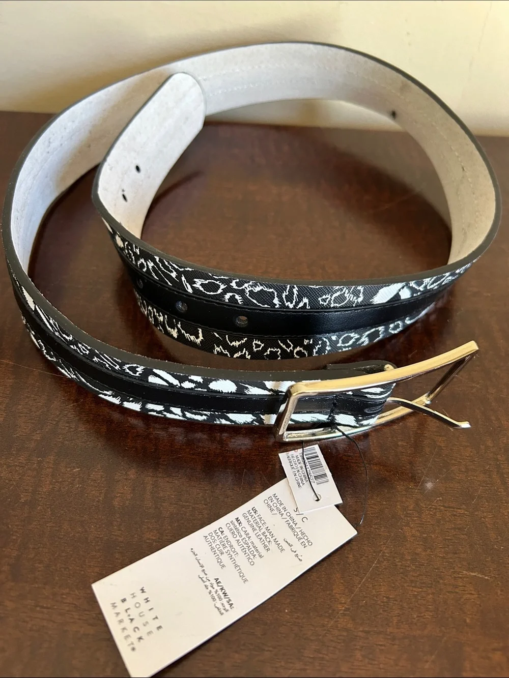 White House Black Market Black and White Printed Leather Belt